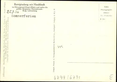 Ak Haschbach am Remigiusberg in der Pfalz, Panorama, Kusel, Burgruine Lichtenberg, Fliegeraufnahme