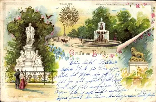 Litho Berlin Tiergarten, Siegesallee, Goethe-Denkmal, Löwengruppe, Wrangelbrunnen