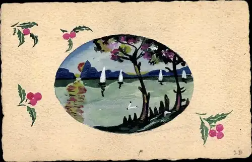 Handgemalt Ak Segelpartie, Segelboote, Blumen