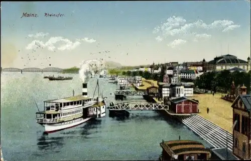 Ak Mainz am Rhein, Rheinufer, Dampfer