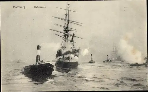 Ak Hamburg, Hafenszene, Segelschiff, Schlepper, P. Ovenbeck & Co.
