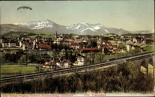 Ak Traunstein in Oberbayern, Gesamtansicht, Bahnstrecke