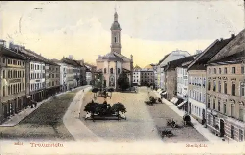 Ak Traunstein in Oberbayern, Stadtplatz, Kirche