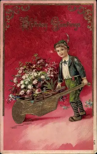 Präge Ak Glückwunsch Geburtstag, Junge, Schubkarre, Blumen