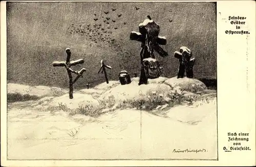 Künstler Ak Bielefeldt, B., Ostpreußen, Feindesgräber, I. WK, Winter
