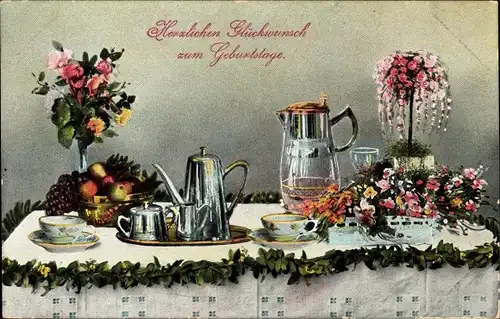 Ak Glückwunsch Geburtstag, Gedeckter Tisch, Blumen, Obstschale