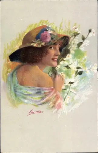 Künstler Ak Schneider, Junge Frau, Blumen, Gelber Strohhut