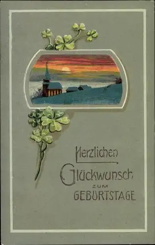 Präge Passepartout Ak Glückwunsch Geburtstag, Landschaft mit Kirche, Kleeblätter