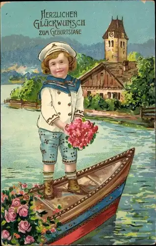 Präge Ak Glückwunsch Geburtstag, Jugen im Matrosenanzug mit Blumen im Boot