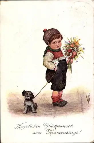 Künstler Ak Scheuermann, Willi, Glückwunsch Namenstag, Junge mit Hund und Blumenstrauß
