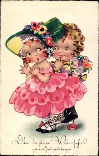 Ak Glückwunsch Geburtstag, Junge und Mädchen mit Blumen