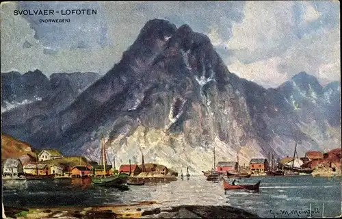 Künstler Ak Meinzolt, Svolvaer Lofoten, Schiffe im Hafen