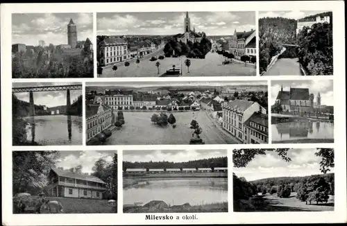 Ak Milevsko Milewsk Mühlhausen Südböhmen, Brücke, Markt, Kirche, Hotel