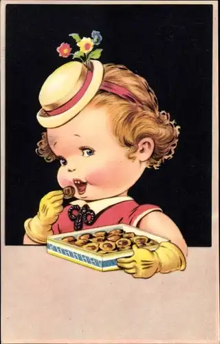 Ak Mädchen isst Pralinen, Essen, Portrait, Hut