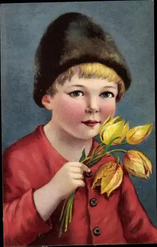 Ak Junge in Tracht mit gelben Tulpen, Portrait