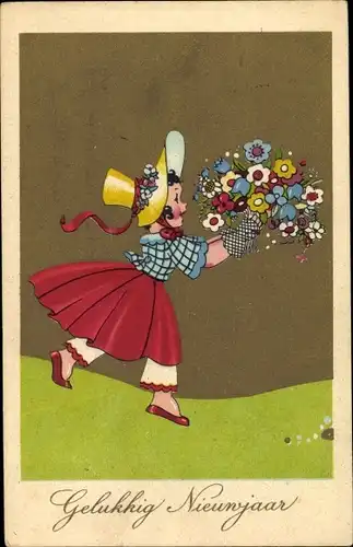 Ak Glückwunsch Neujahr, Gratulantin mit Blumenstrauß