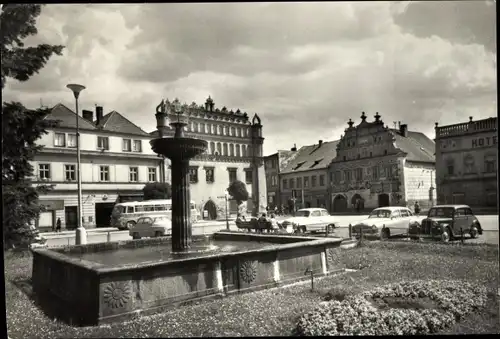 Ak Susice na Šumavě Höritz Südböhmen, Stadtplatz, Brunnen