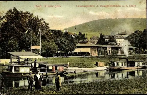 Ak Bad Kissingen Unterfranken Bayern, Landungsplatz des Dampfschiffchen an der Saale