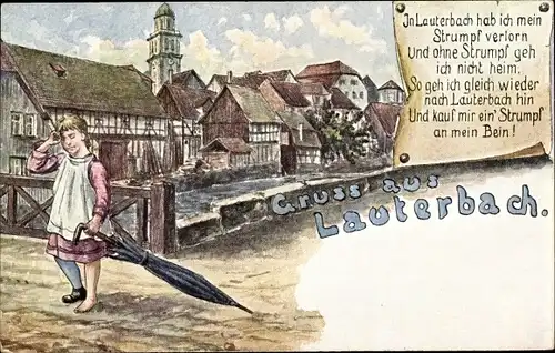 Künstler Ak Lauterbach an der Lauter, Mädchen mit Schirm und nur einem Strumpf