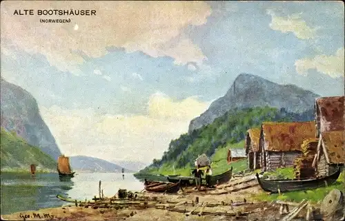 Künstler Ak Meinzolt, Georg M., Norwegen, Alte Bootshäuser