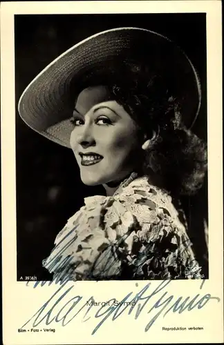 Ak Schauspielerin Margit Symo, Portrait mit Hut, Autogramm