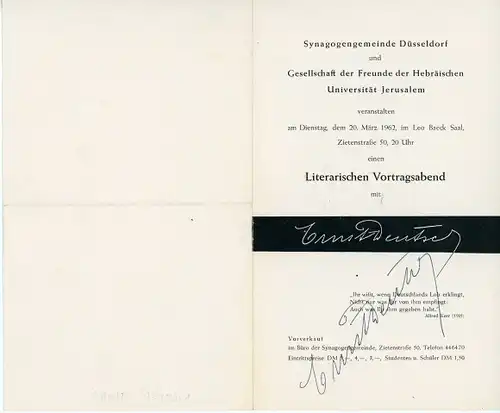 Theaterprogramm Literarischer Vortragsabend Synagogengemeinde Düsseldorf, Autogramm Ernst Deutsch