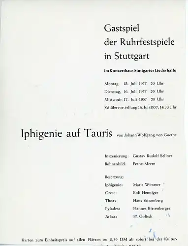 Theaterprogramm Schauspielerin Maria Wimmer, Iphigenie auf Tauris