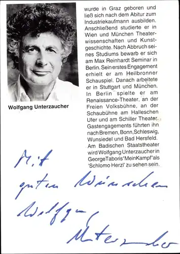 Foto Schauspieler Wolfgang Unterzaucher, Autogramm
