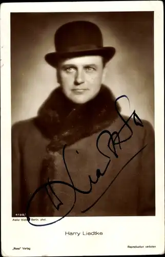 Ak Schauspieler Harry Liedtke, Portrait, Autogramm, Hut, Mantel