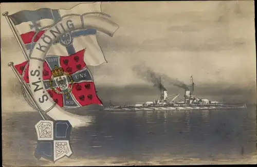 Ak Deutsches Kriegsschiff, SMS König, Großlinienschiff, Fahnen