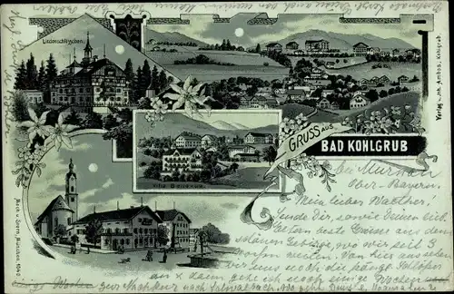 Mondschein Litho Bad Kohlgrub im Kreis Garmisch Partenkirchen, Lindenschlösschen, Gasthof, Kirche