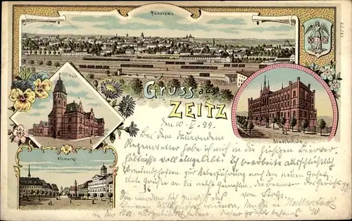 Litho Zeitz in Sachsen Anhalt, Panorama, Post, Altmarkt, Stadtschule