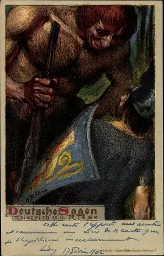 Künstler Litho Röhm, Hans, Deutsche Sagen, Dietrich und der Riese, Nibelungensage