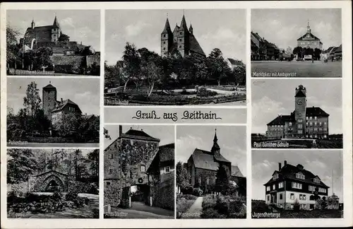Ak Geithain in Sachsen, Nicolaikirche mit Stadtmauer, Pulverturm, Schule, Jugendherberge, Heilquelle