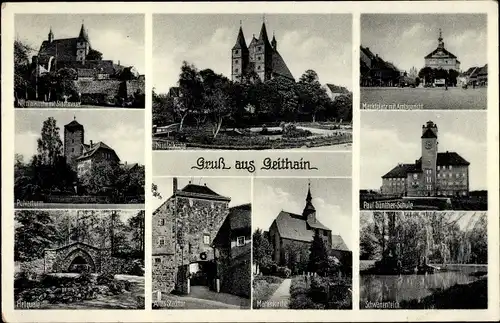 Ak Geithain in Sachsen, Nicolaikirche mit Stadtmauer, Pulverturm, Schule, Jugendherberge, Heilquelle