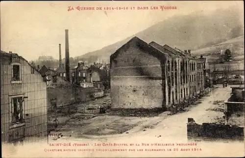 Ak Saint-Dié Vosges, Les Cites Stiffel, Rue d’Hellieule Prolongee Brand im gesamten Viertel, 1914