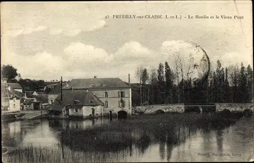 Ak Preuilly sur Claise Indre et Loire, Mühle, alte Brücke