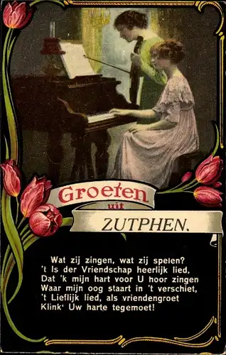 Gedicht Passepartout Ak Zutphen Gelderland, Grüße aus, Musizierende Frauen