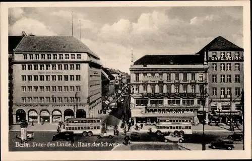 Ak Berlin Mitte, Unter den Linden, Haus der Schweiz, Cafe Schön, Cafe Viktoria, Busse