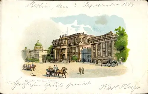 Litho Berlin Mitte, Palais Kaiser Friedrich, Unter den Linden, Droschken, Soldatenzug