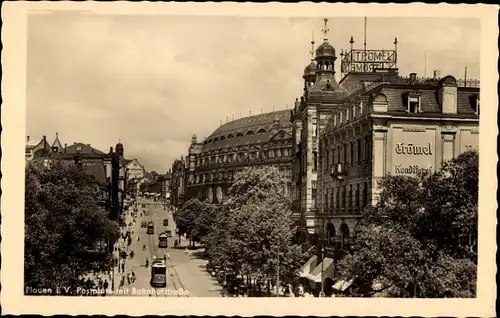 Ak Plauen im Vogtland, Postplatz, Bahnhofstraße, Straßenbahn, Trömel Konditorei