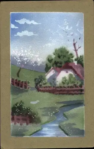 Handgemalt Ak Wohnhaus, Fluss, Zaun, Bäume