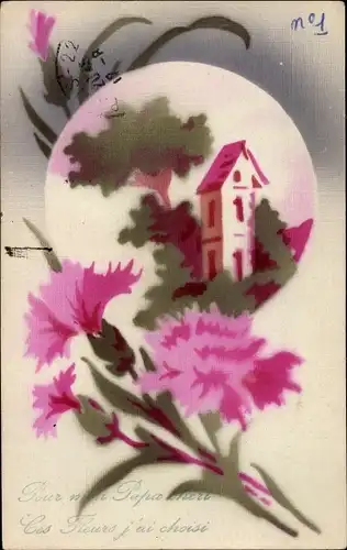 Handgemalt Ak Blumen, Turm, Kitsch