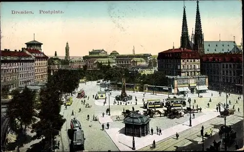 Ak Dresden, Postplatz mit Straßenbahnen und Geschäften