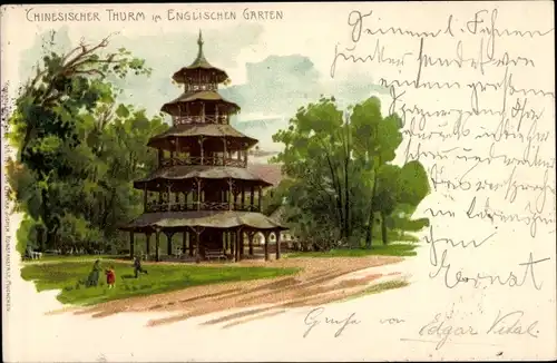 Litho München, Chinesischer Turm, Englischer Garten