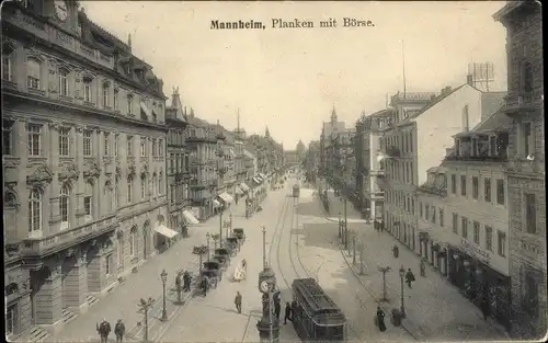 Ak Mannheim in Baden, Planken mit Börse, Straßenbahn