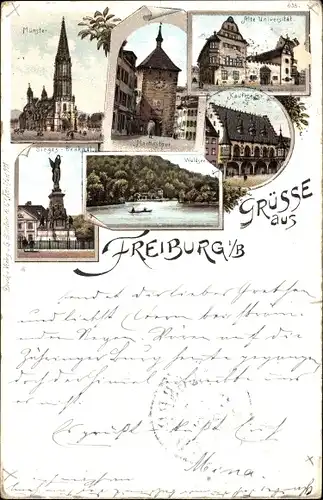 Litho Freiburg im Breisgau, Sieges-Denkmal, Münster, Alte Universität, Waldsee