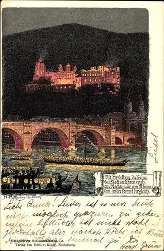 Künstler Ak Heidelberg am Neckar, Schloss, Brücke, Nacht, Boote