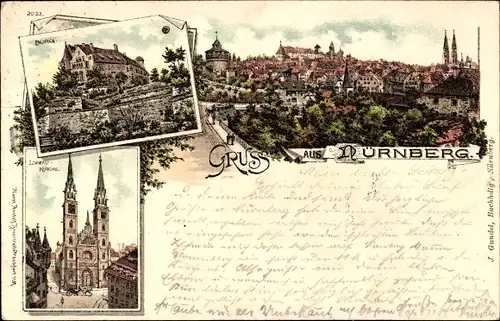 Litho Nürnberg in Mittelfranken, Ortsansicht, Lorenz-Kirche, Burg