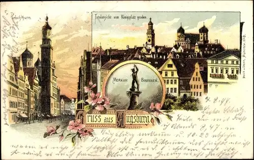Litho Augsburg in Schwaben, Merkur Brunnen, Kaiserplatz, Perlachturm